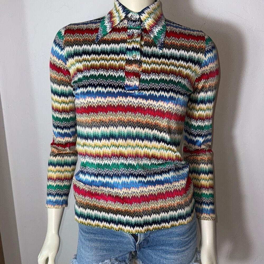 Vintage 60s Women's ZigZag Print Pointed Collar Multicolor Rainbow Stripe Size S - Picture 10 of 13